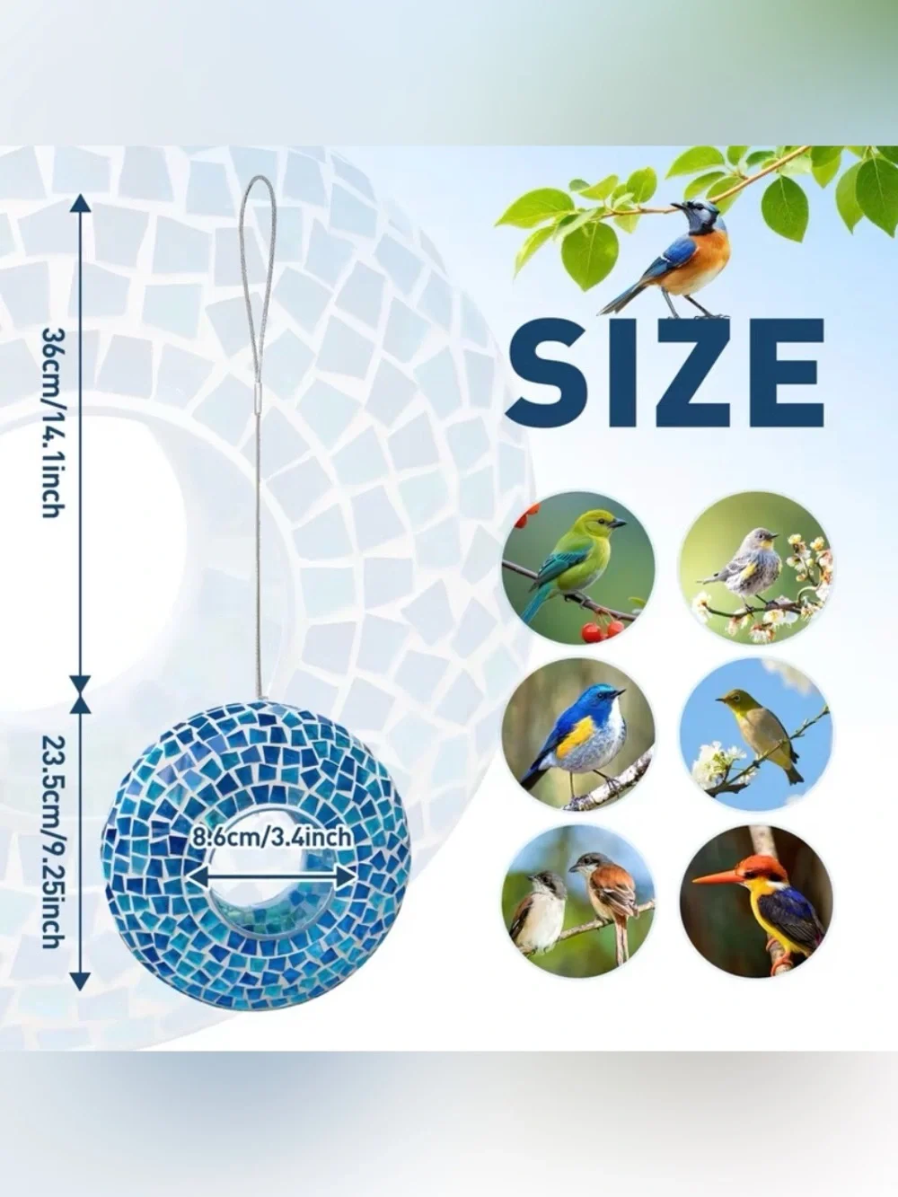 9.25” Blue Mosaic Hanging Bird Feeder - Decorative Outdoor Seed Feeder